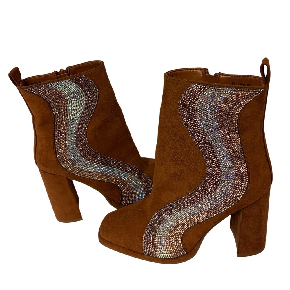 Rouge Cognac Brown Faux Suede Rhinestone Wave Block Heel Boots 6.5